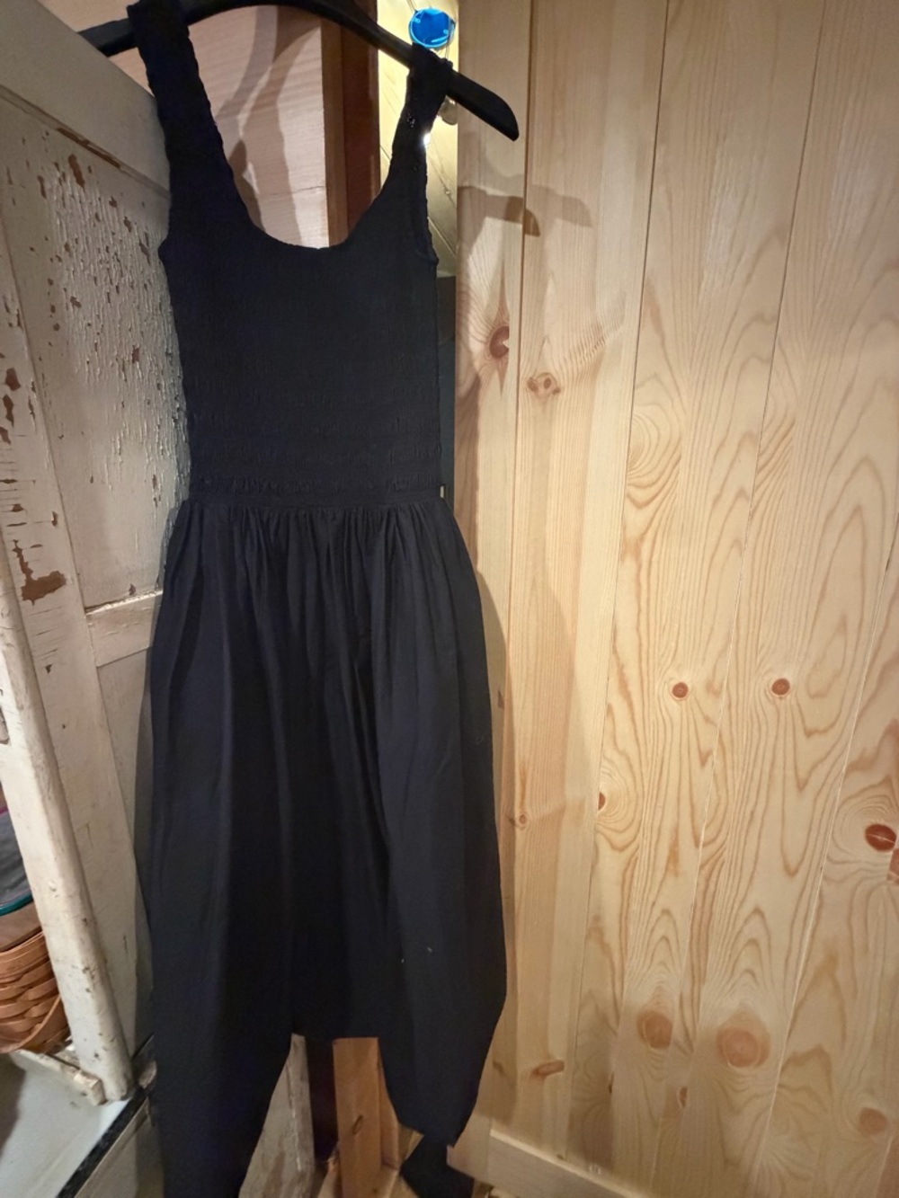 Pistola Black Smocked Midi Dress with Wide Straps and Gathered Skirt